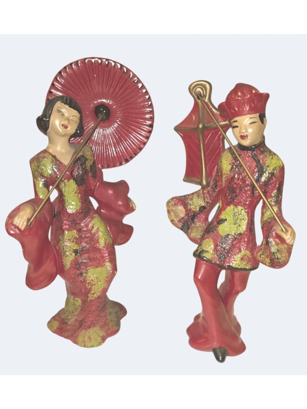 Mcm Vintage Asian-Inspired Ceramic Figurines Couple Umbrella Lantern 8" Hand-Pai